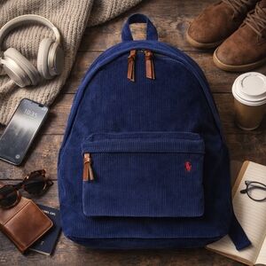 Polo Ralph Lauren Navy Corduroy Backpack/ Laptop Red Pony Leather Pulls